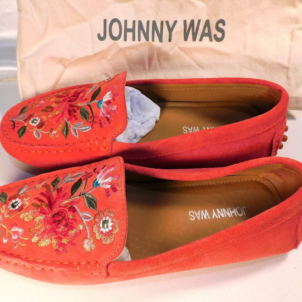 Johnny Was Embroidered Suede Floral Moccasins 7.5